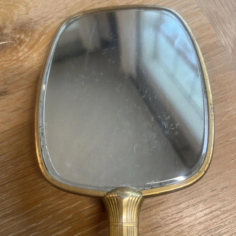 Art Deco Vintage‎ French Metal Brass Plated  Vanity Hand  Mirror 12